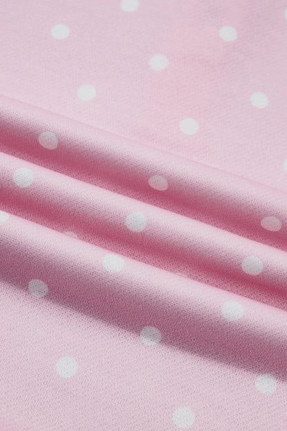 Pink Polka Dot Print Metal Button Collar Casual Pullover Sweatshirt