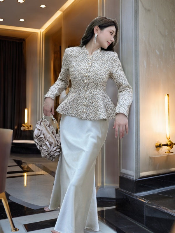 Tweed Peplum Jacket & Satin Maxi Skirt Set model front view · nz-bg-v1
