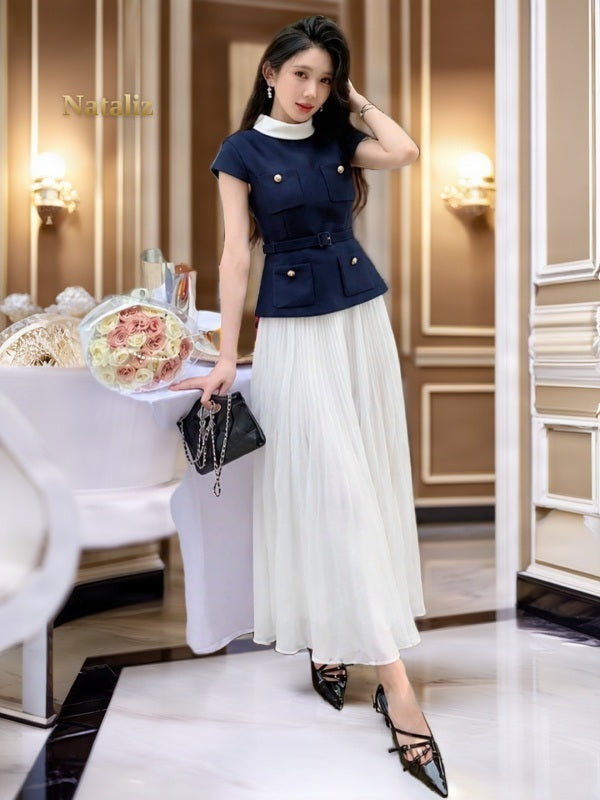 Navy Belted Top & White Pleated Maxi Skirt Set model front view