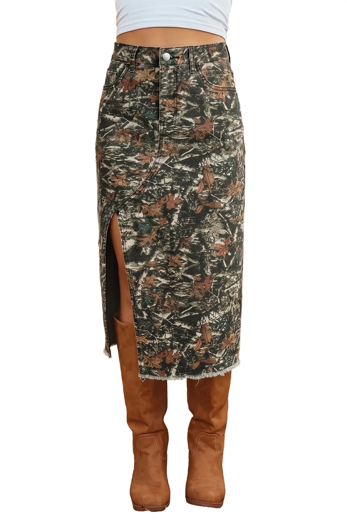 Multicolour Woodland Camouflage Split Raw Hem Midi Western Skirt model front view · nz-alt-v1
