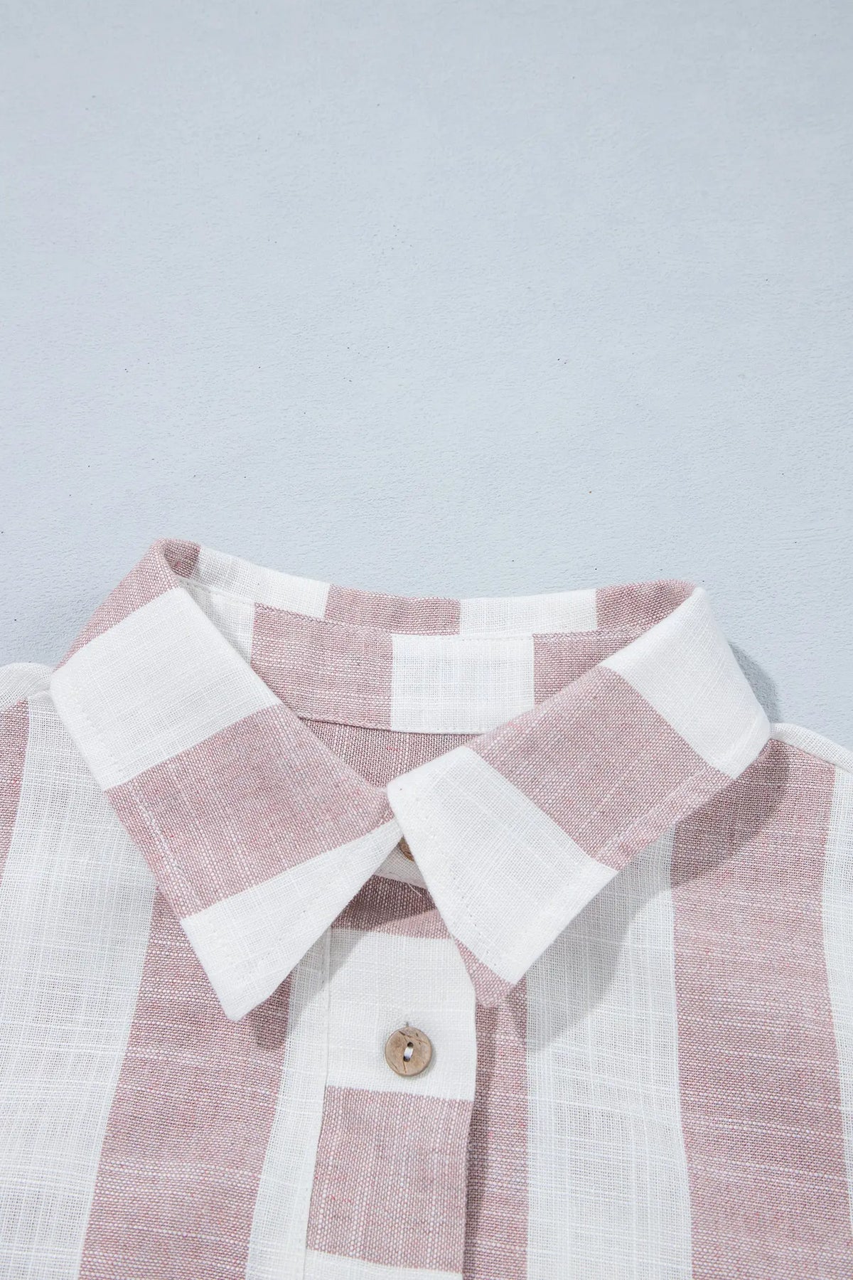 Khaki Stripe Button-Up Three-Quarter Sleeve Shift Dress collar detail view · nz-alt-v1