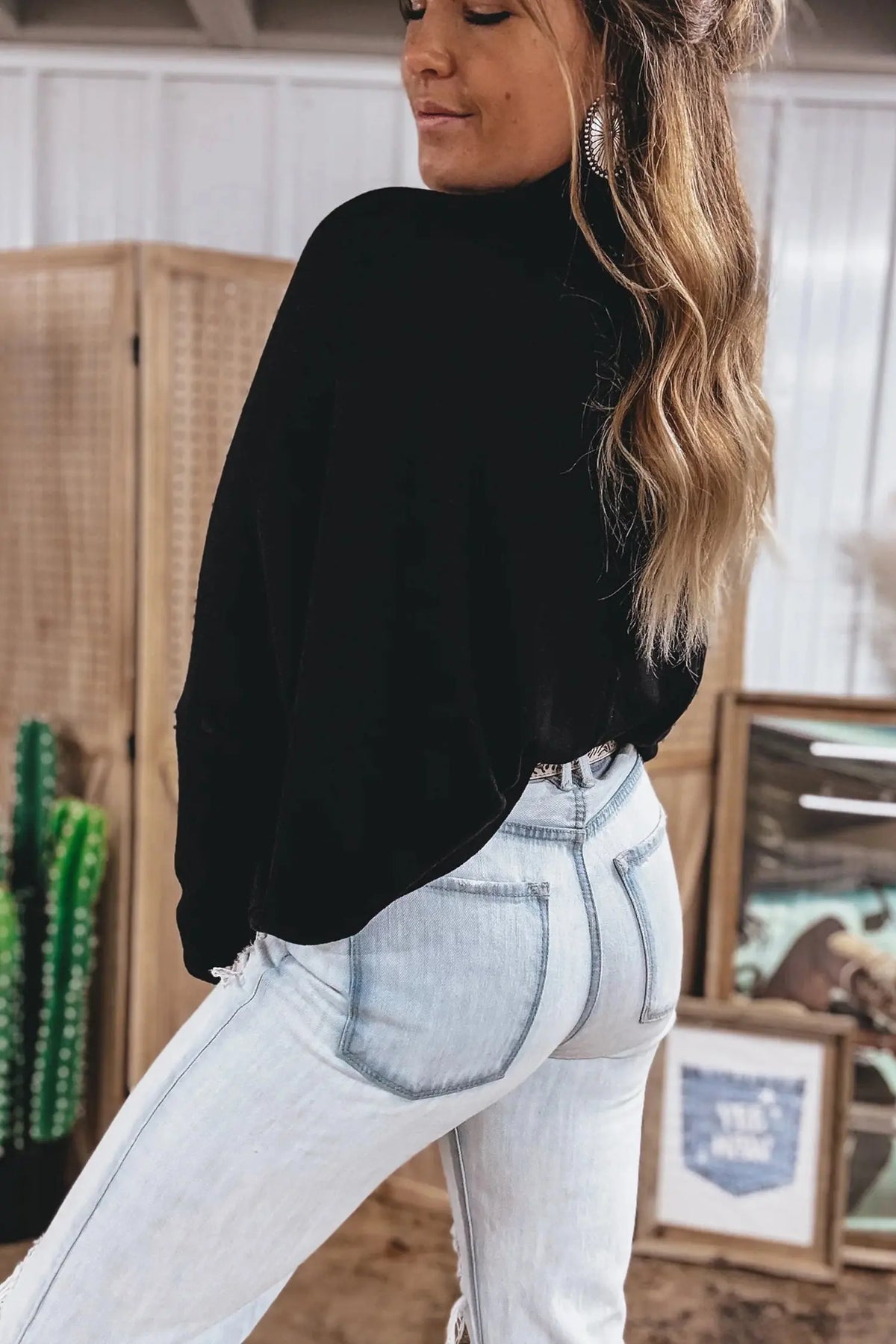 Black High Neck Long Sleeve Top model back view · nz-alt-v1