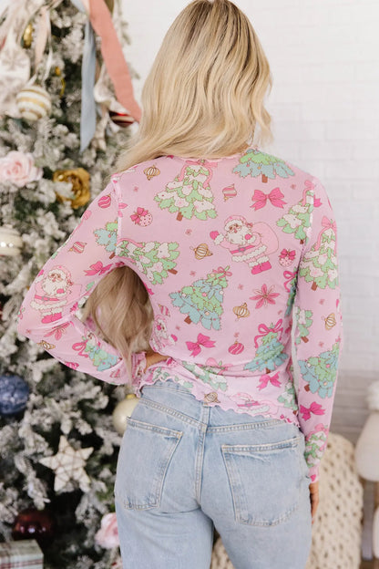 Pink Abstract Print Stand Neck Slim Fit Long Sleeve Top