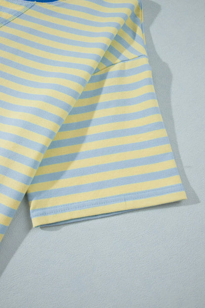 Yellow Stripe Colorblock Trim Crew Neck Loose Tee Drawstring Elastic Waist 2pcs Pant Set