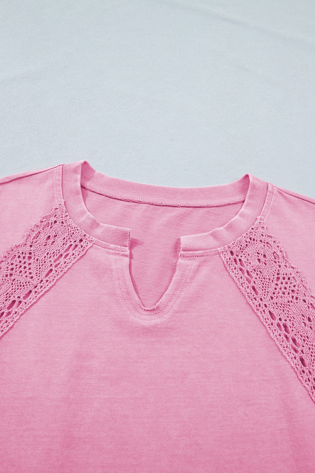 Cotton Raw Cut Notched Neck Lace Patchwork Detail Mineral Wash Tee