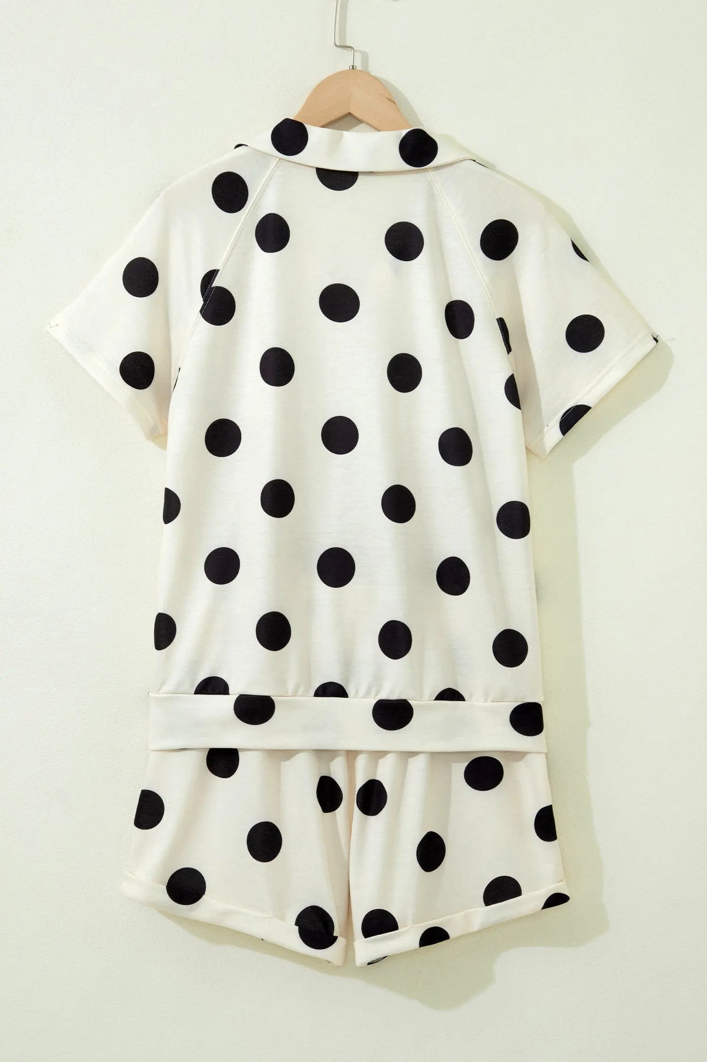 Beige Polka Dot Print V Neck Tee Short Set Nataliz