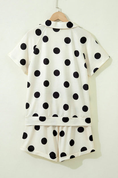 Beige Polka Dot Print V Neck Tee Short Set Nataliz