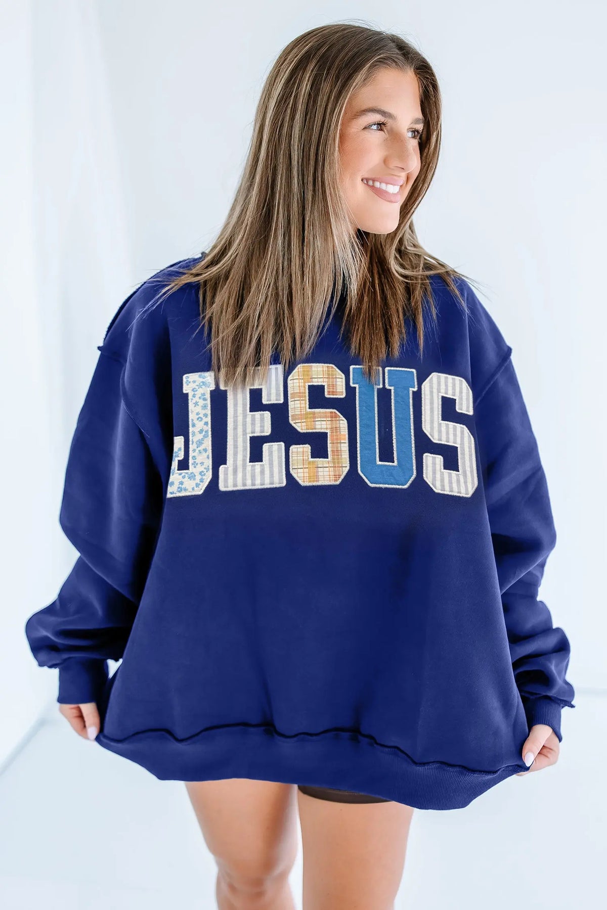 Navy Blue JESUS Mixed Pattern Embroidered Patch Graphic Mock Neck Sweatshirt