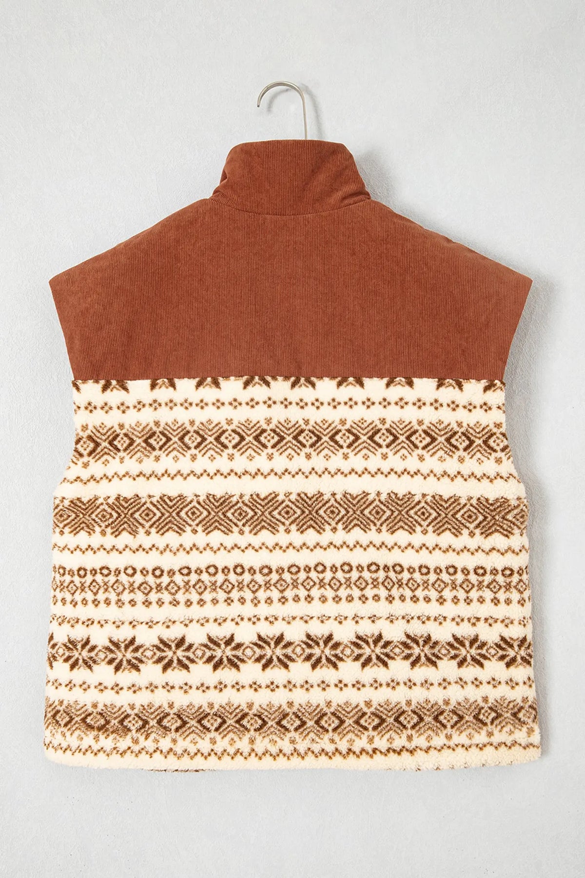 Brown geometric print fleece zipper collar vest back hanging view · nz-alt-v1