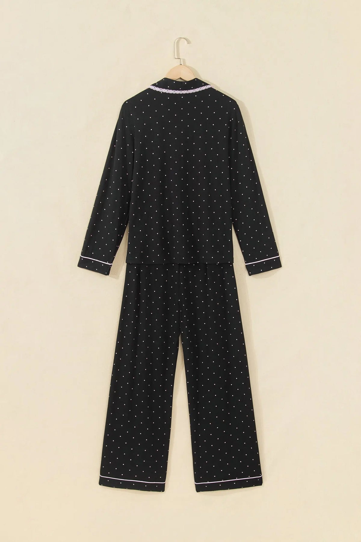 Black Polka Dot Long Sleeve Shirt Lace Detail Two Piece Pajama Pant Set