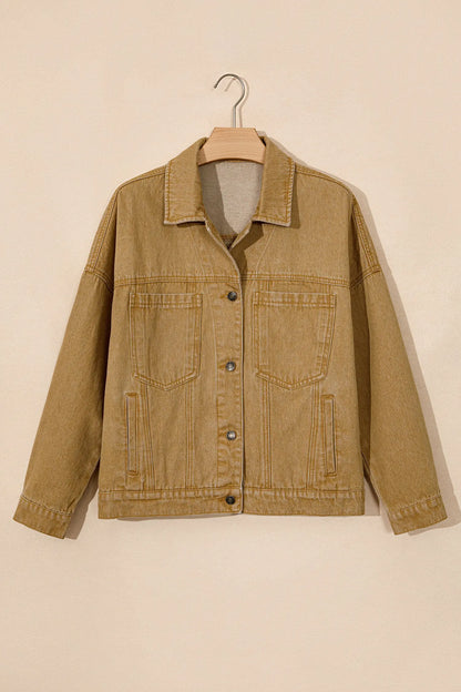 honey gold Metal Button Front Long Sleeve Collar Denim Jacket