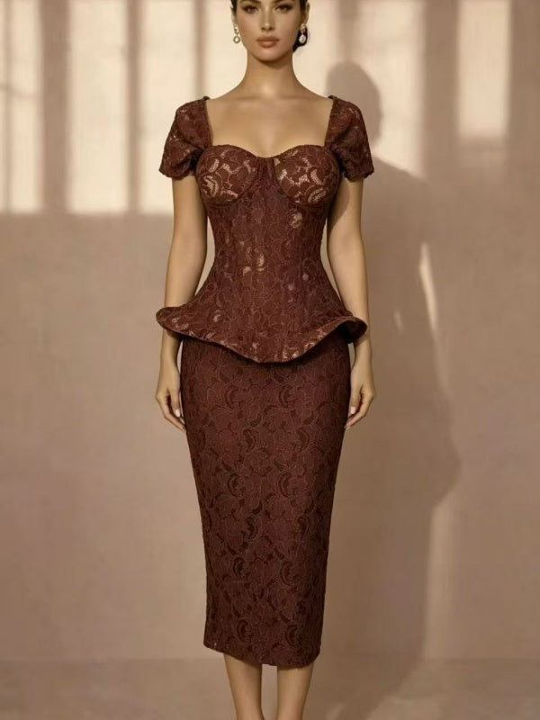 Lace Corset Peplum Top and Midi Skirt Two-Piece Set model front view · nz-alt-v1