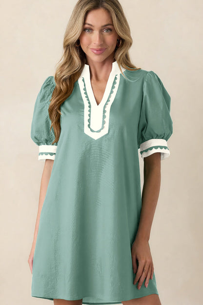 Canton Scallop Color Block Trim Puff Sleeve Mini Dress - Casual Dresses