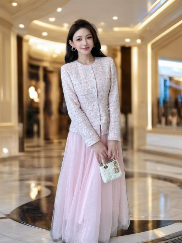 Pink Tweed Jacket and Tulle Midi Skirt Set model front view · nz-bg-v1