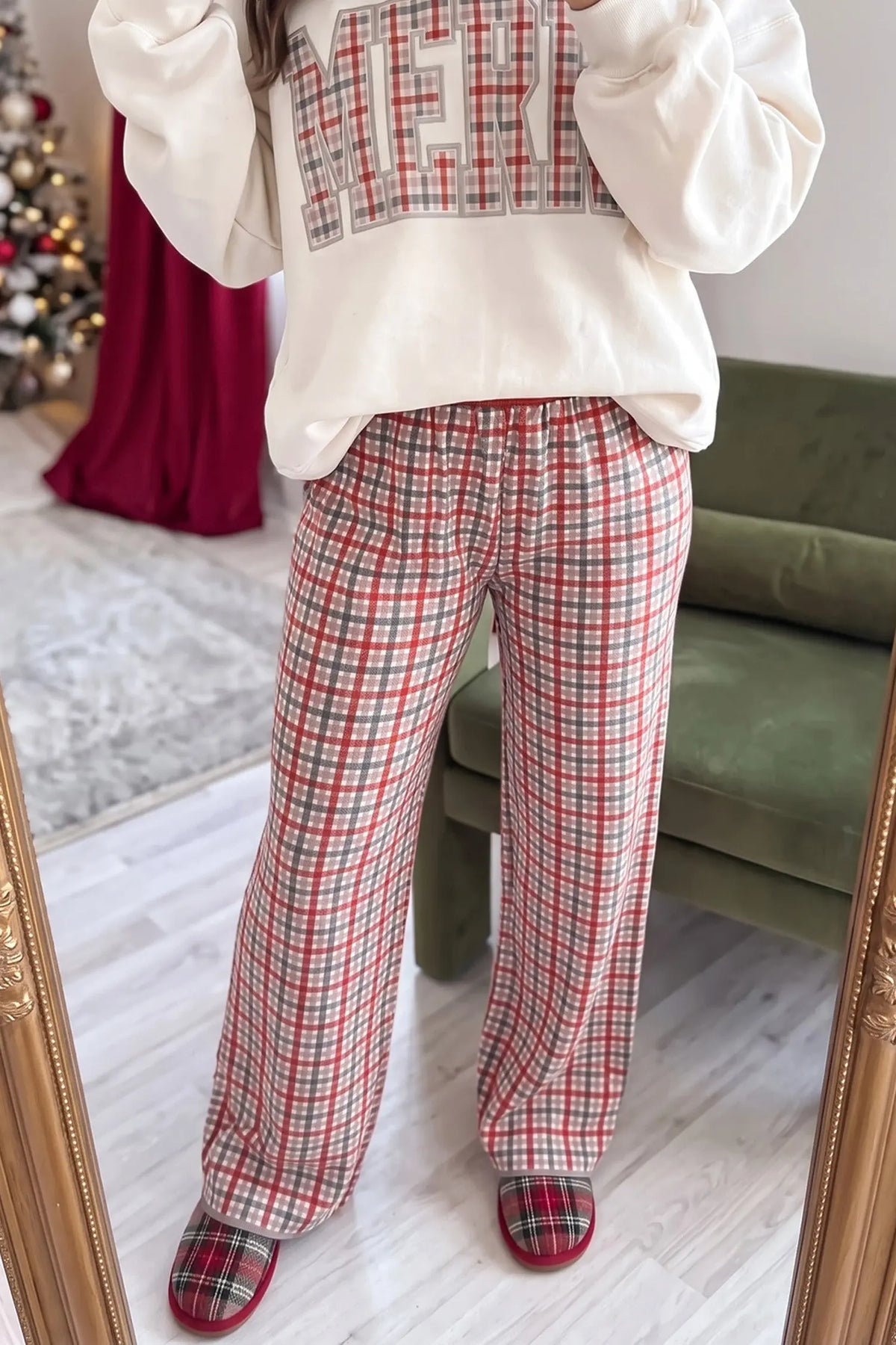 Multicolour festive plaid drawstring elastic waist pants detail view · nz-alt-v1