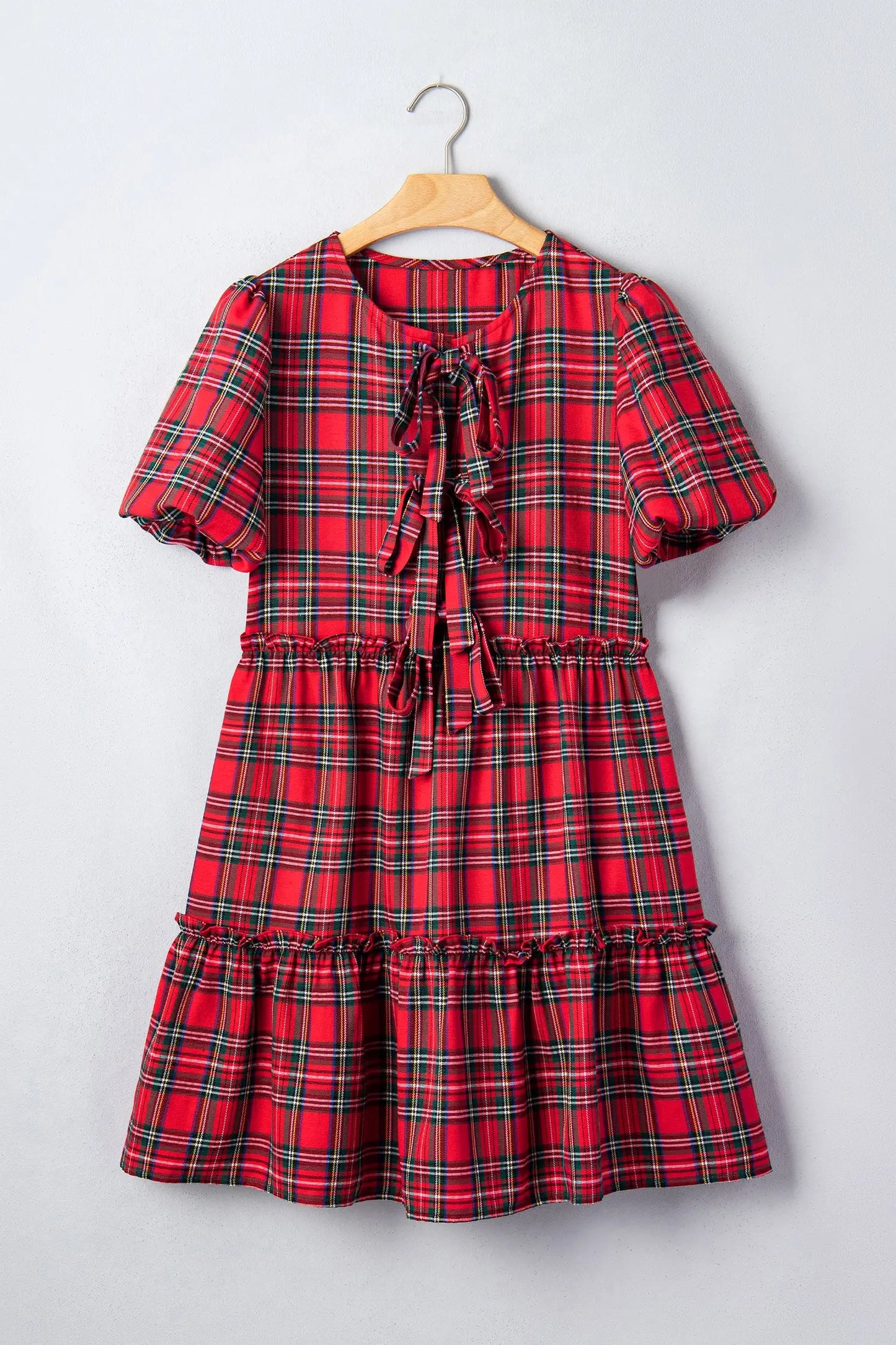 Red Plaid Knot Neck Short Sleeve Mini Shift Dress
