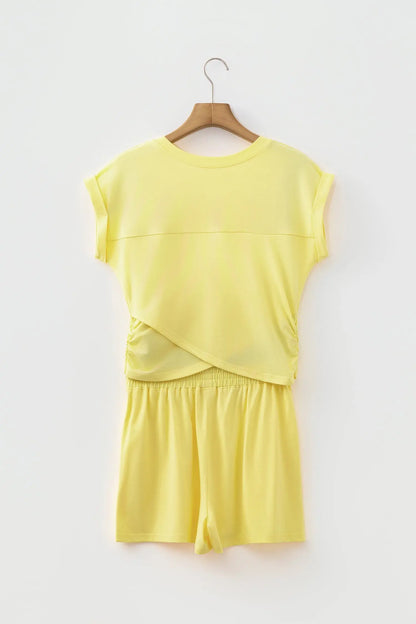 Mist Blue Solid Short Sleeve Elastic Waist Pocket Casual Two Piece Short Set