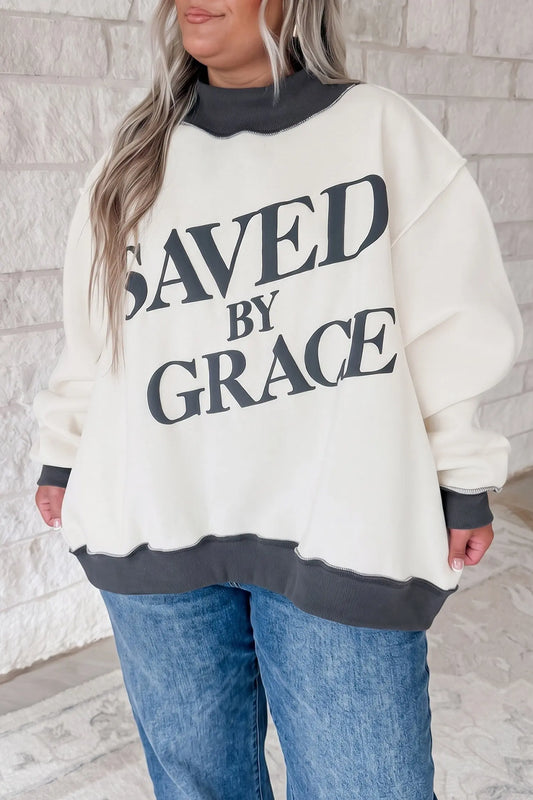 Beige SAVED BY GRACE Letter Print Color Block Mock Neck Plus Size Sweatshirt model front view · nz-alt-v1