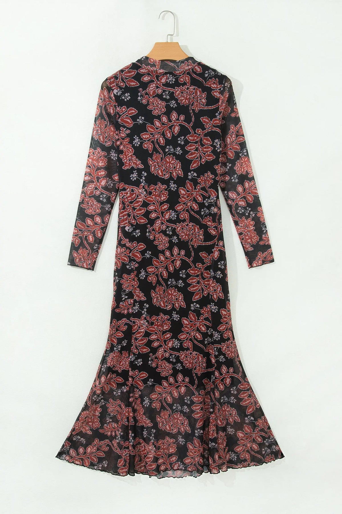 Black Retro Floral Print Long Sleeve Casual Mesh Dress back hanging view · nz-alt-v1