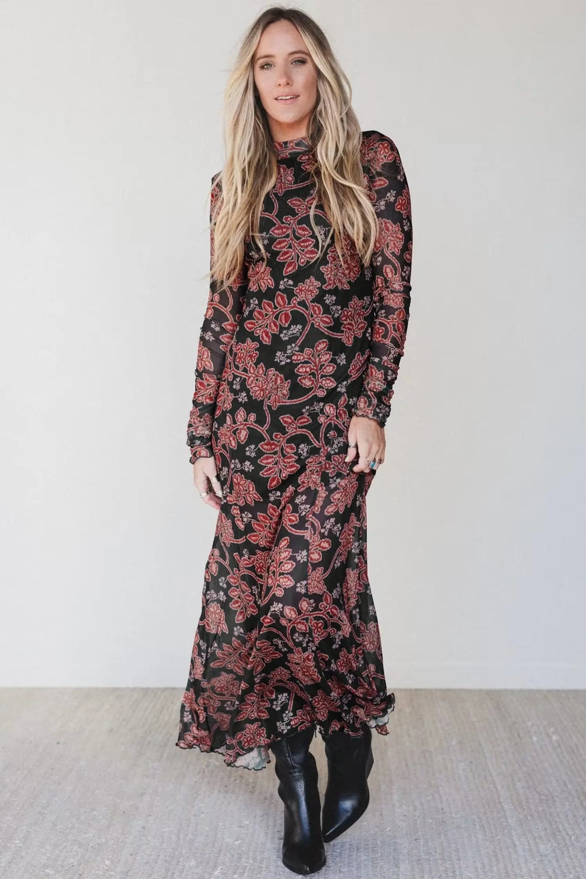 Black Retro Floral Print Long Sleeve Casual Mesh Dress model front view · nz-alt-v1