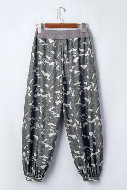 Multicolour Drawstring Contrast Waistband Camouflage Cargo Barrel Pants