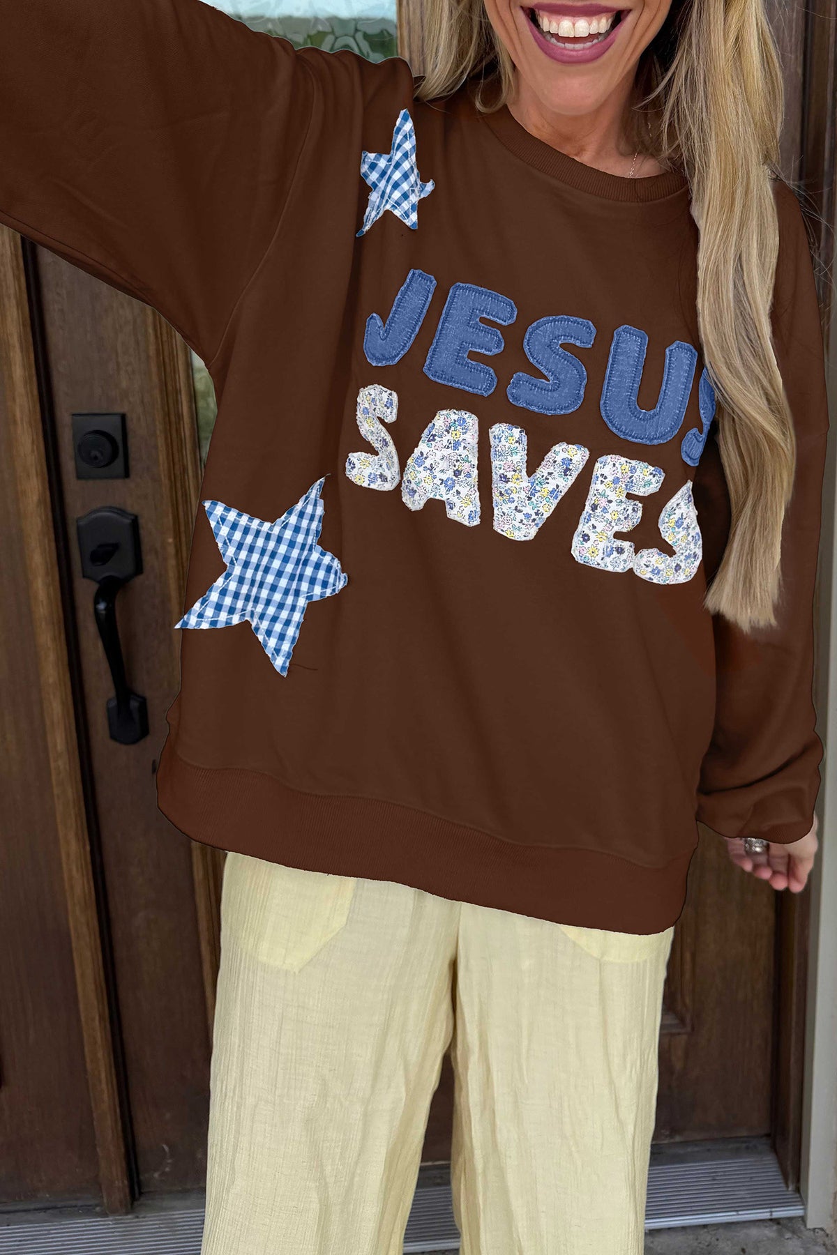Patchwork Stars Plaid Unique Floral Letters Baggy Sweatshirt