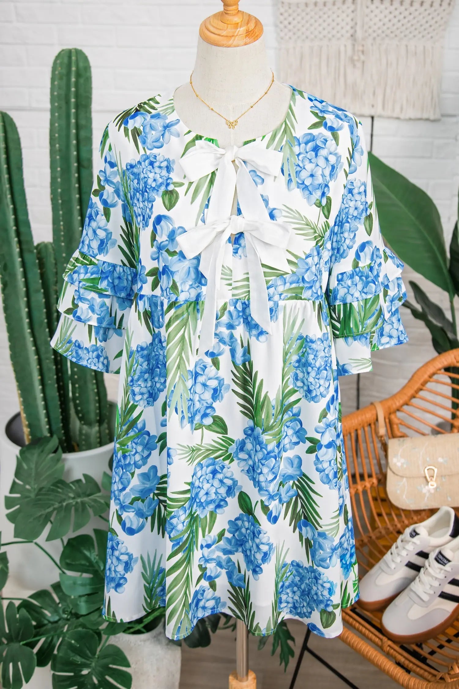 Sky Blue Palm Floral Print Contrast Ribbon Knot Ruffle Tiered Sleeve Mini Dress - Casual Dresses