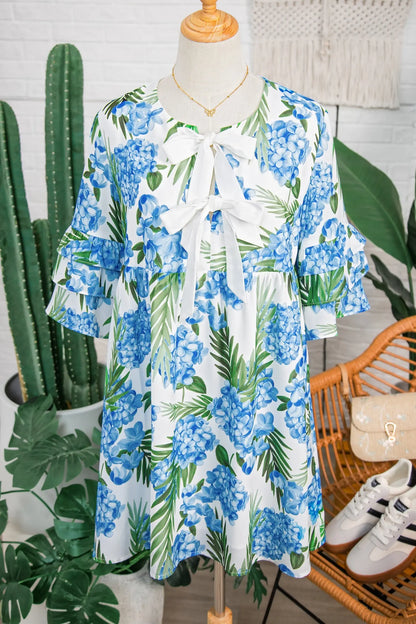 Sky Blue Palm Floral Print Contrast Ribbon Knot Ruffle Tiered Sleeve Mini Dress - Casual Dresses