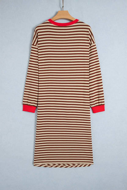 Brown Stripe Striped Colorblock Cuffs Round Neck Long Sleeve Shift Dress