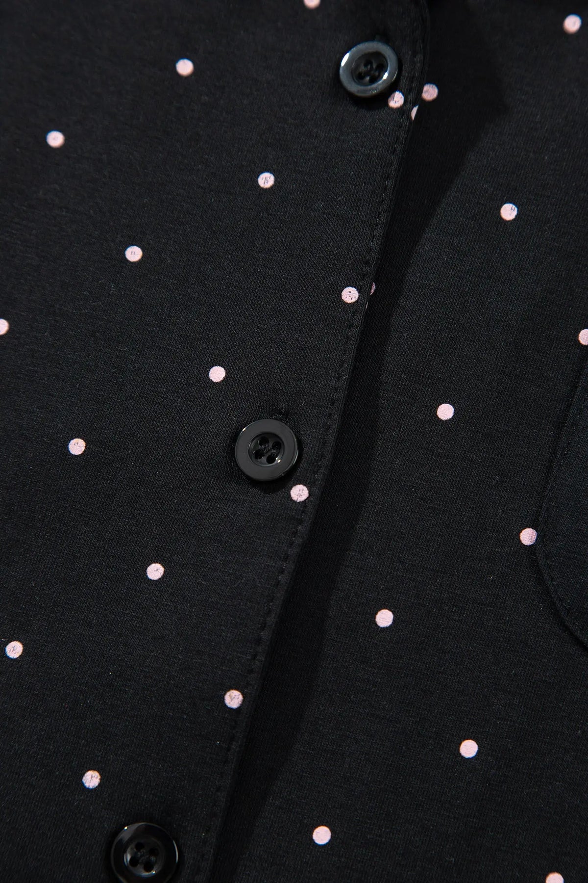 Black Polka Dot Long Sleeve Shirt Lace Detail Two Piece Pajama Pant Set