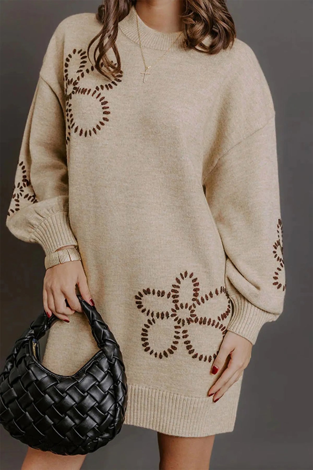 Parchment floral pattern round neck puff sleeve shift sweater dress model front view · nz-alt-v1