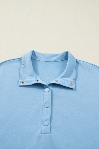 Sea Green Solid Color Snap Button Polo Collar Short Sleeve Scallop Hem Mini Dress