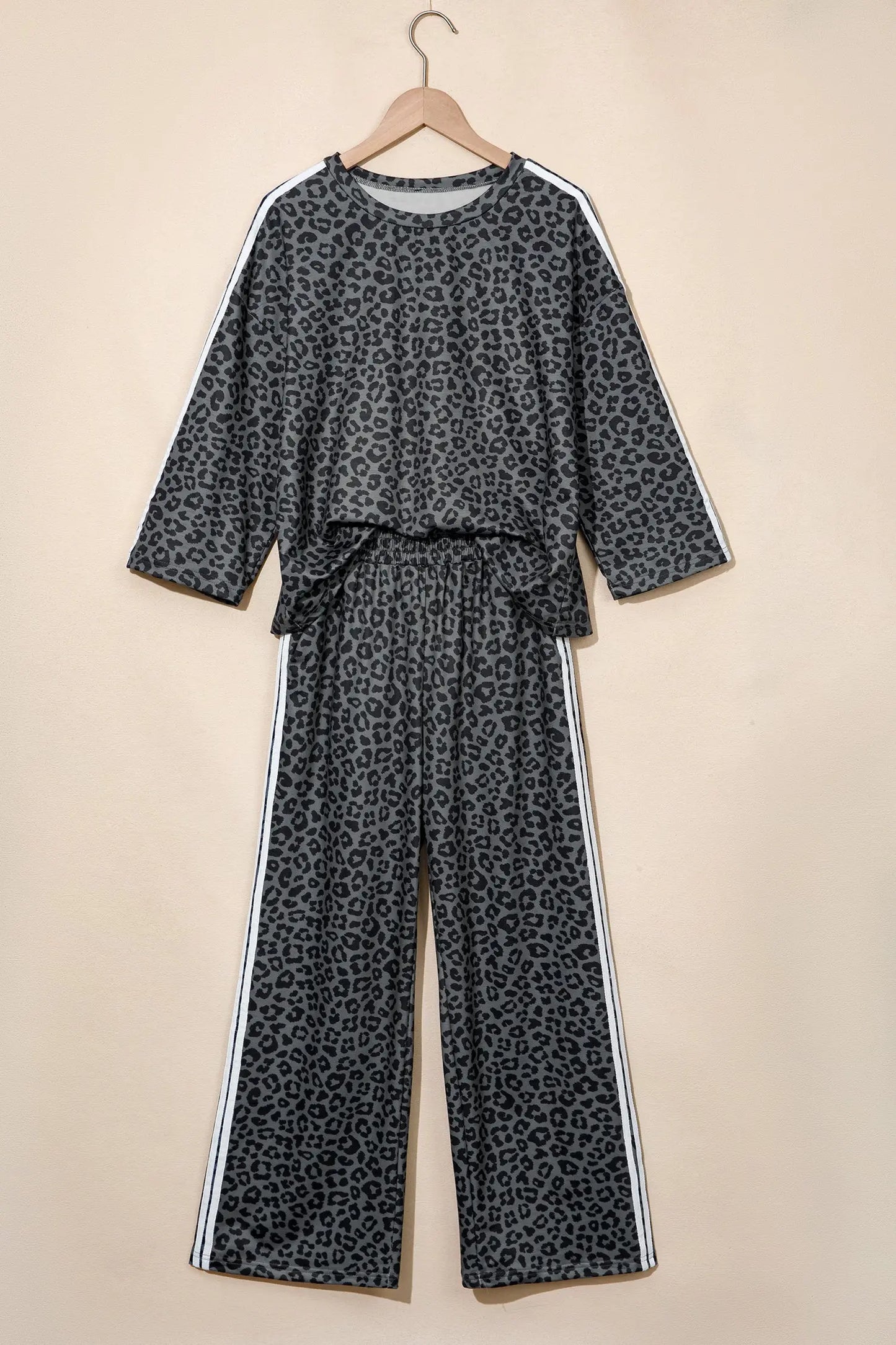 Apricot Leopard Print Varsity Striped Detail 3/4 Sleeve Top Shift Pant Set