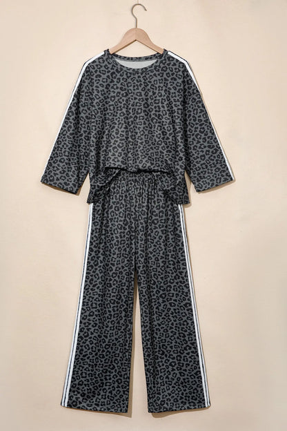 Apricot Leopard Print Varsity Striped Detail 3/4 Sleeve Top Shift Pant Set