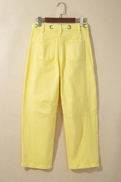 Yellow Solid Color Grommet Detail Knot Waist Barrel Jeans