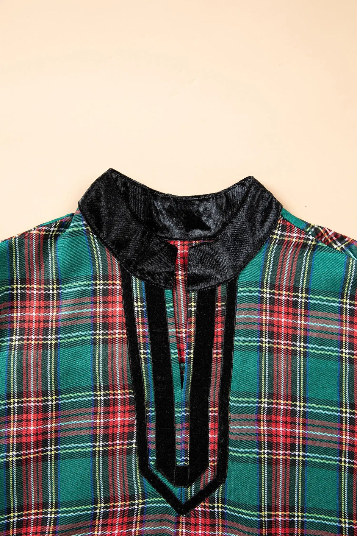 Green Plaid Velvet Trim Pockets Short Shift Dress