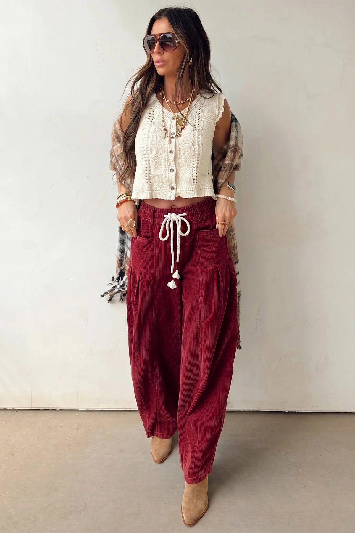 Chestnut Elastic Waist Drawstring Corduroy Casual Pants