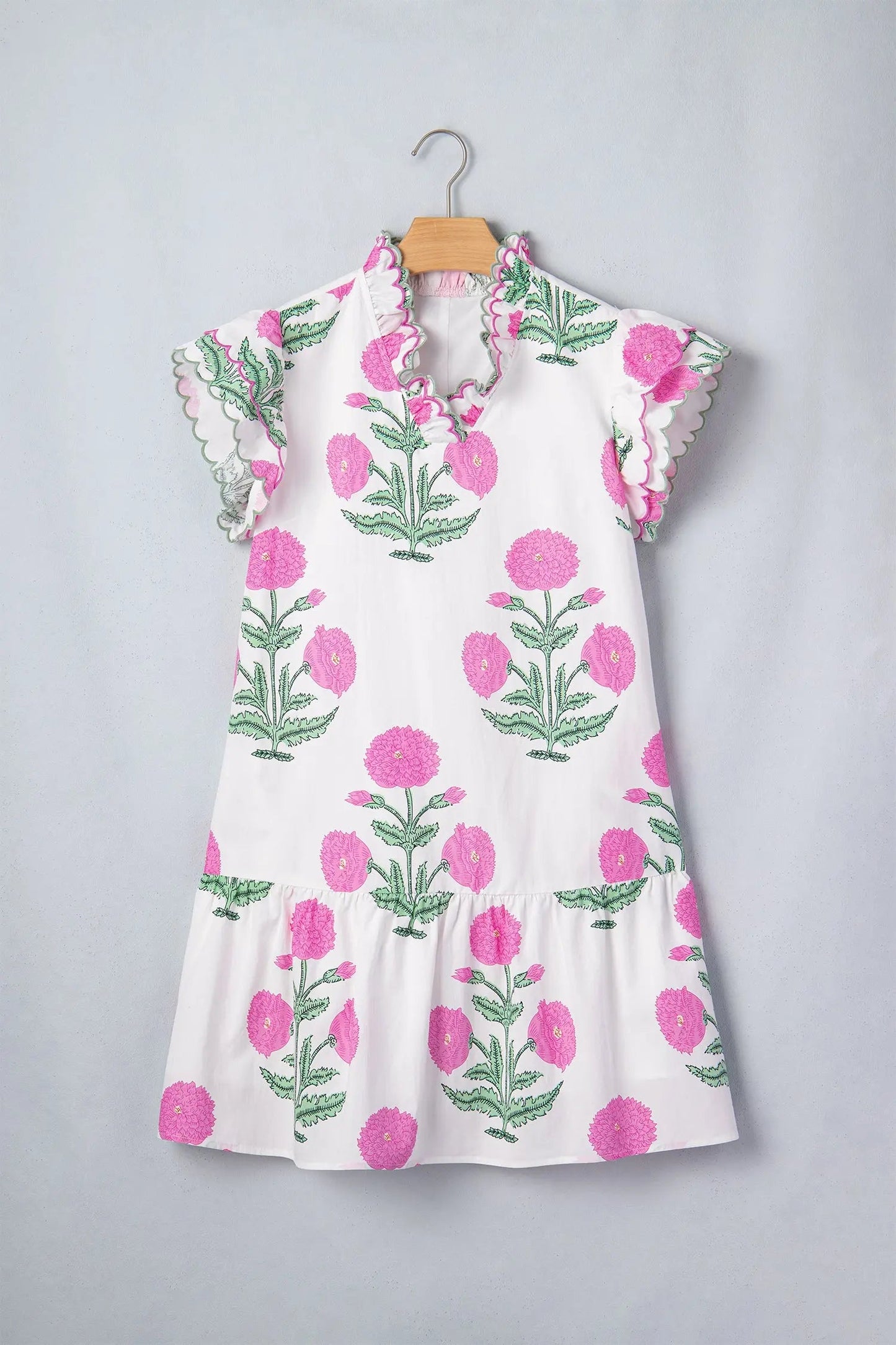 Sky Blue Wild Floral Print Scalloped Embroidery Trim V Neck Drop Waist Mini Dress - Casual Dresses