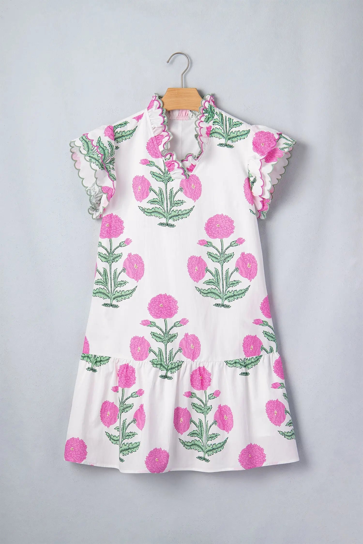 Sky Blue Wild Floral Print Scalloped Embroidery Trim V Neck Drop Waist Mini Dress - Casual Dresses
