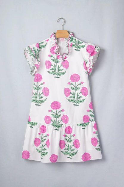 Sky Blue Wild Floral Print Scalloped Embroidery Trim V Neck Drop Waist Mini Dress - Casual Dresses