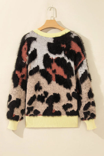 Khaki Leopard Print Drop Shoulder Long Sleeve Round Neck Sweater