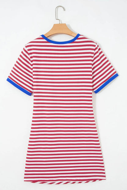 Sky Blue Stripe Nautical Tie Contrast Trim Round Neck T Shirt Mini Dress Nataliz