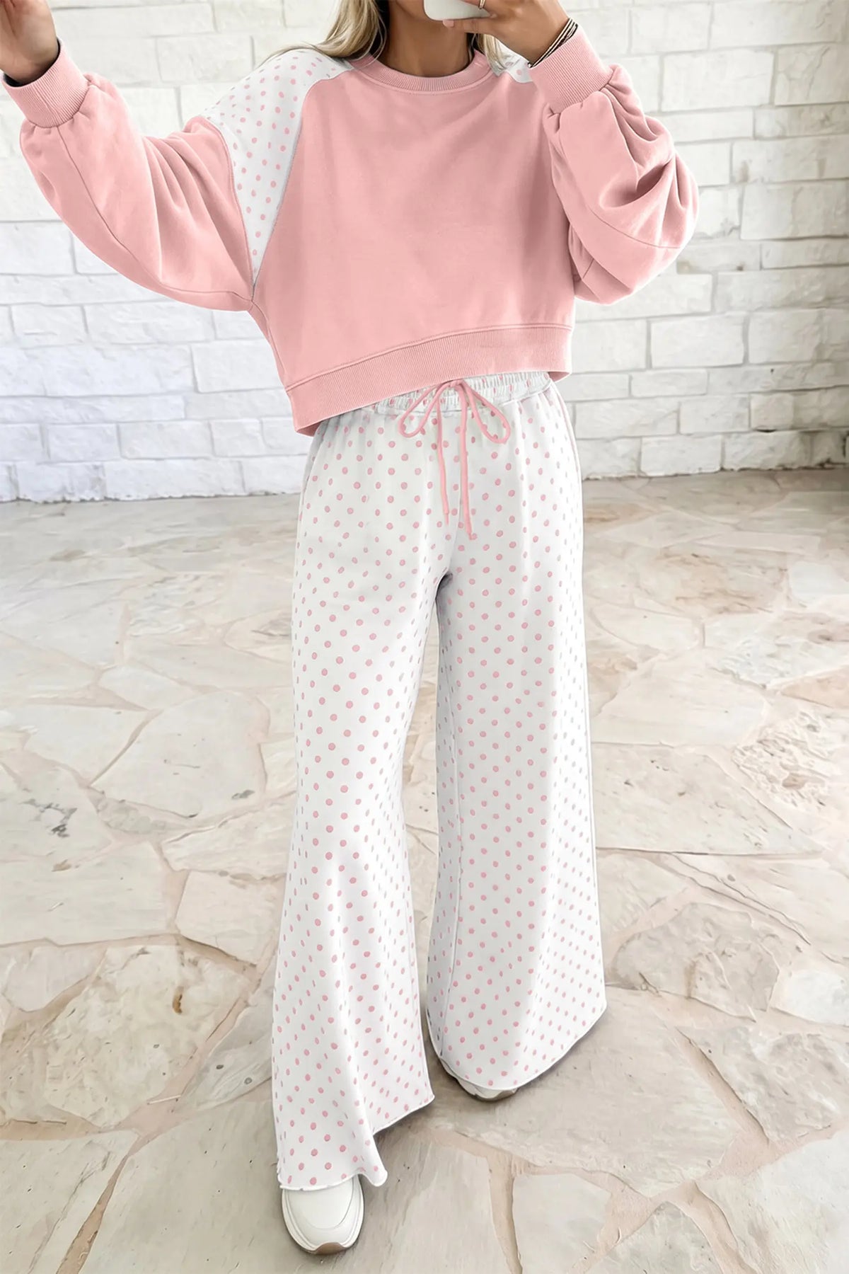Pink Polka Dot Patchwork Colorblock Long Sleeve Casual Two Piece Pants Set model front view · nz-alt-v1