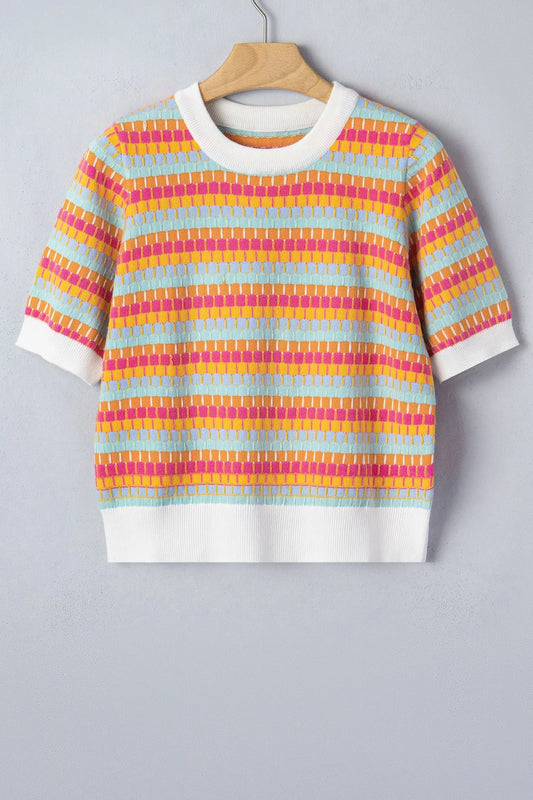 Orange Abstract Striped Knit Short Sleeve Sweater - Sweaters