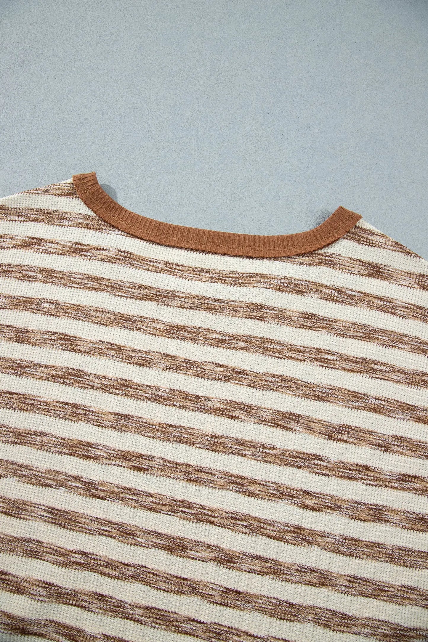 Brown Stripe Textured Knit Color Block Trim Long Sleeve Round Neck Top