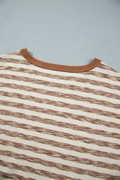 Brown Stripe Textured Knit Color Block Trim Long Sleeve Round Neck Top