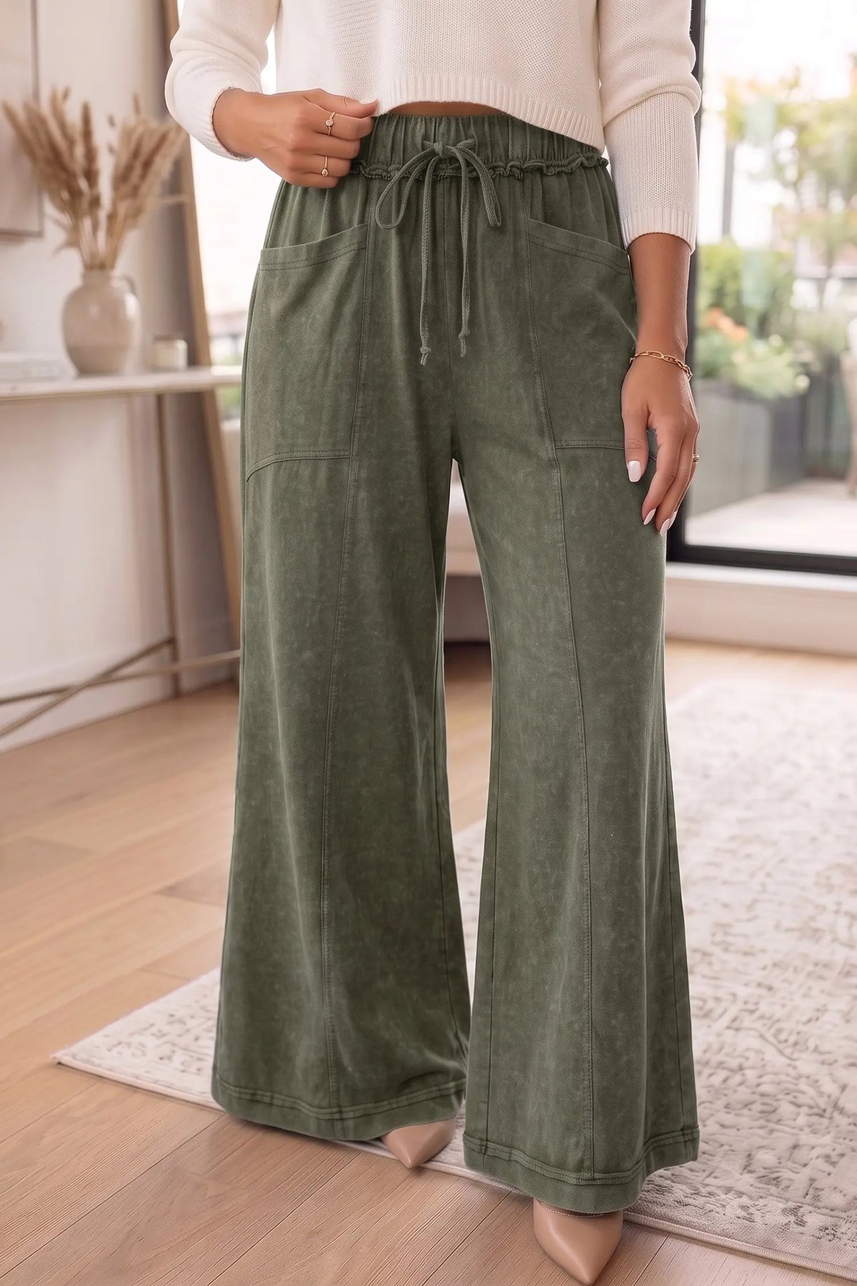 Jungle Green Mineral Wash Seam Detail Flare Leg Drawstring Pants model front view · nz-alt-v1
