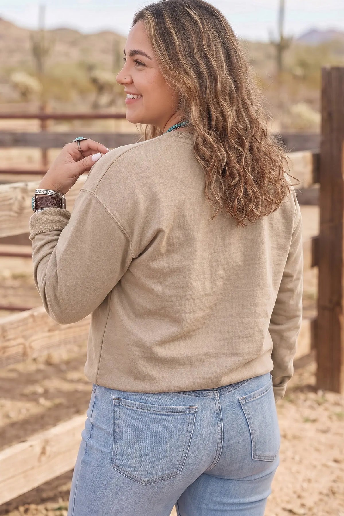 Parchment PRAY letter patchwork round neck plus size sweatshirt model back view · nz-alt-v1