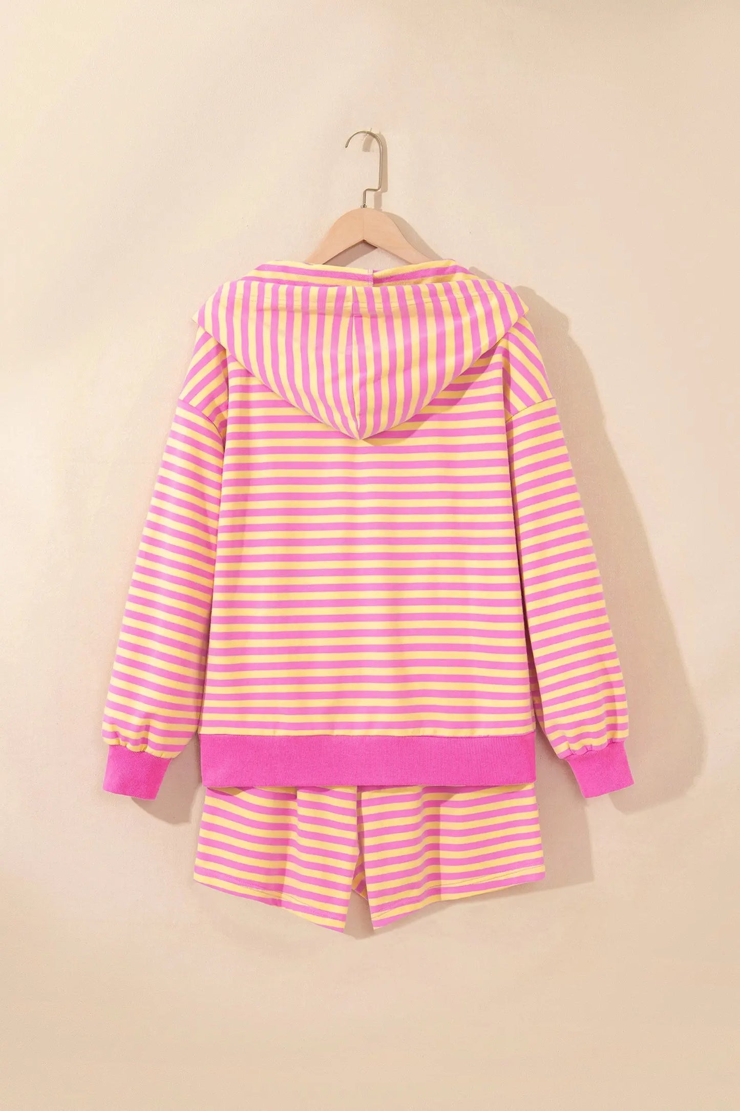 Rose Red Striped Long Sleeve Zip-Up Hoodie Drawstring Elastic Waist 2pcs Short Set