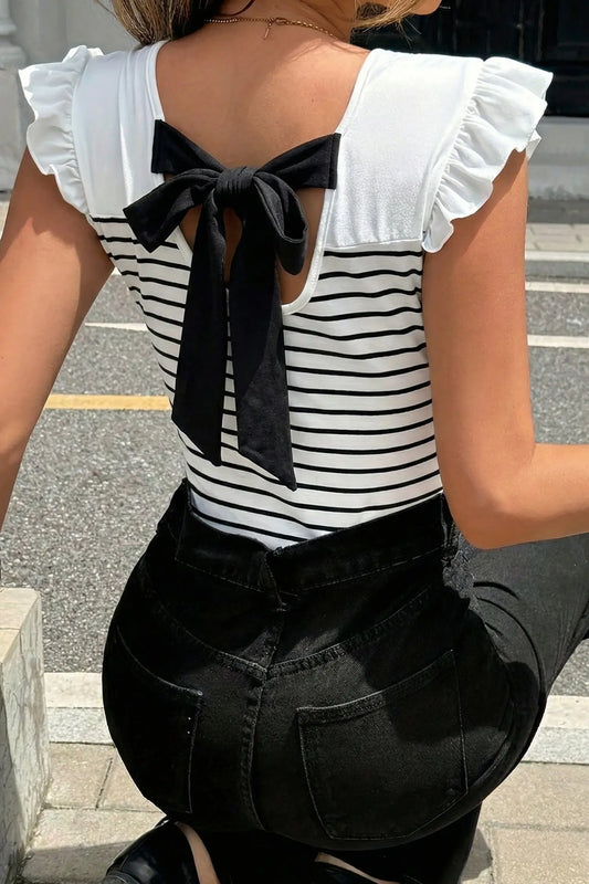 White Stripe Contrast Knot Back Ruffle Trim Tank Top Nataliz